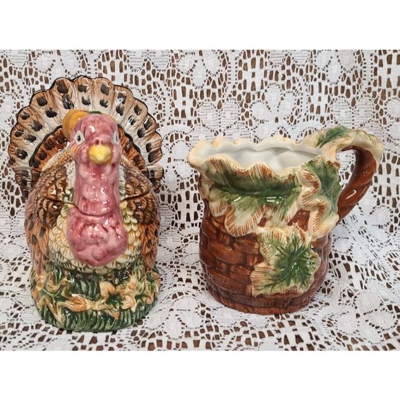 Vintage BICO China Thanksgiving Turkey Sugar Bowl Lid Harvest Basket Creamer Set - Picture 2 of 11
